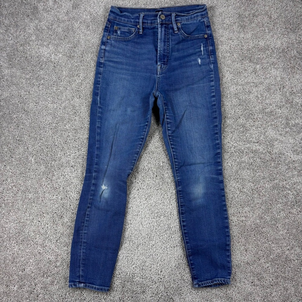 Gap Denim High Rise True Skinny Jeans Blue Distressed Ankle‎ 2/26 Medium Wash